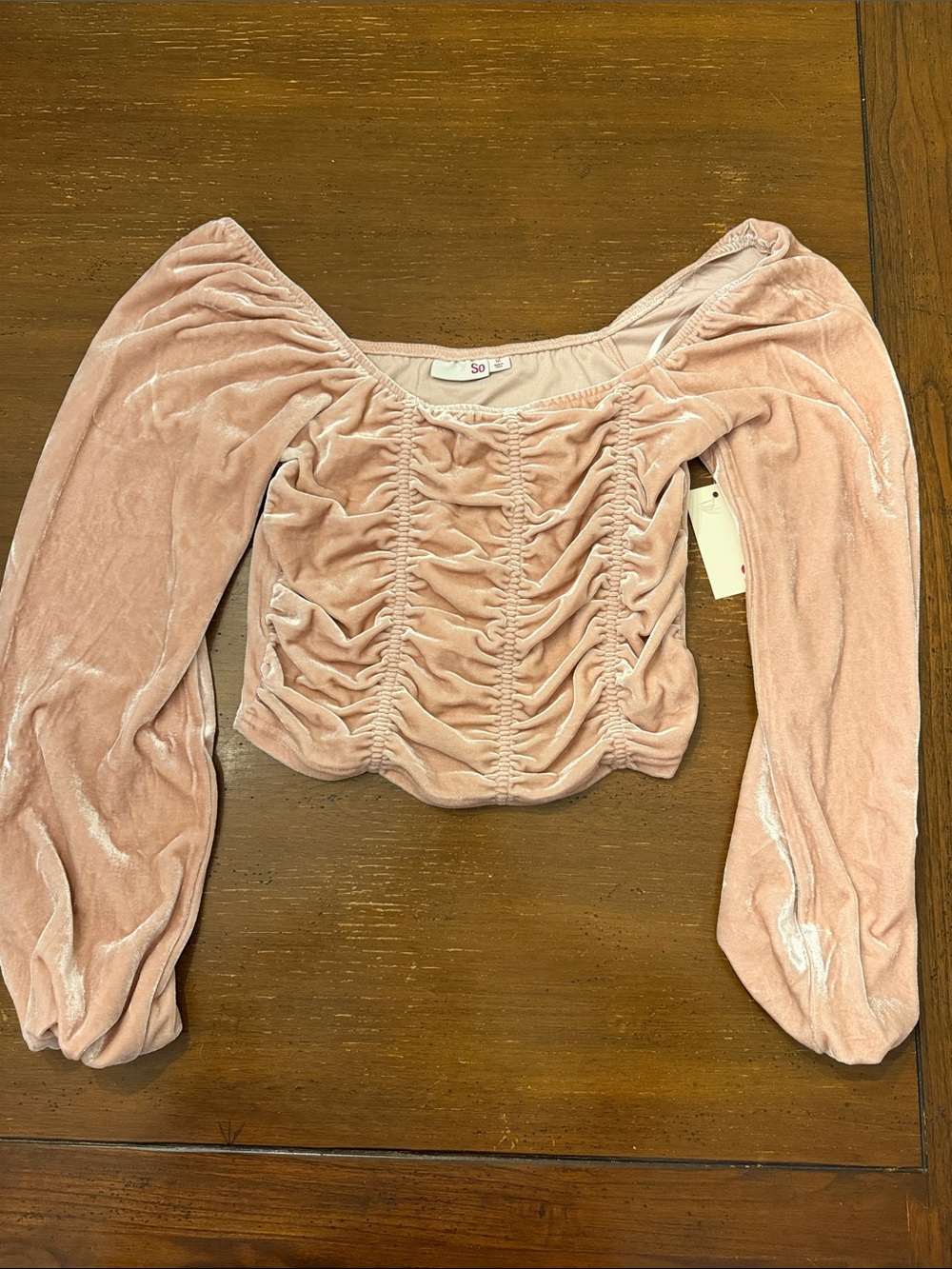 SO Ruched Velvet Off-Shoulder Crop Top in Blush